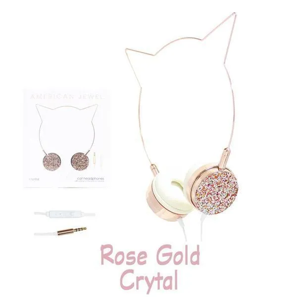 American Jewel Cat Headphones in Silver Glitter Rainbow and Rose Gold Crystal