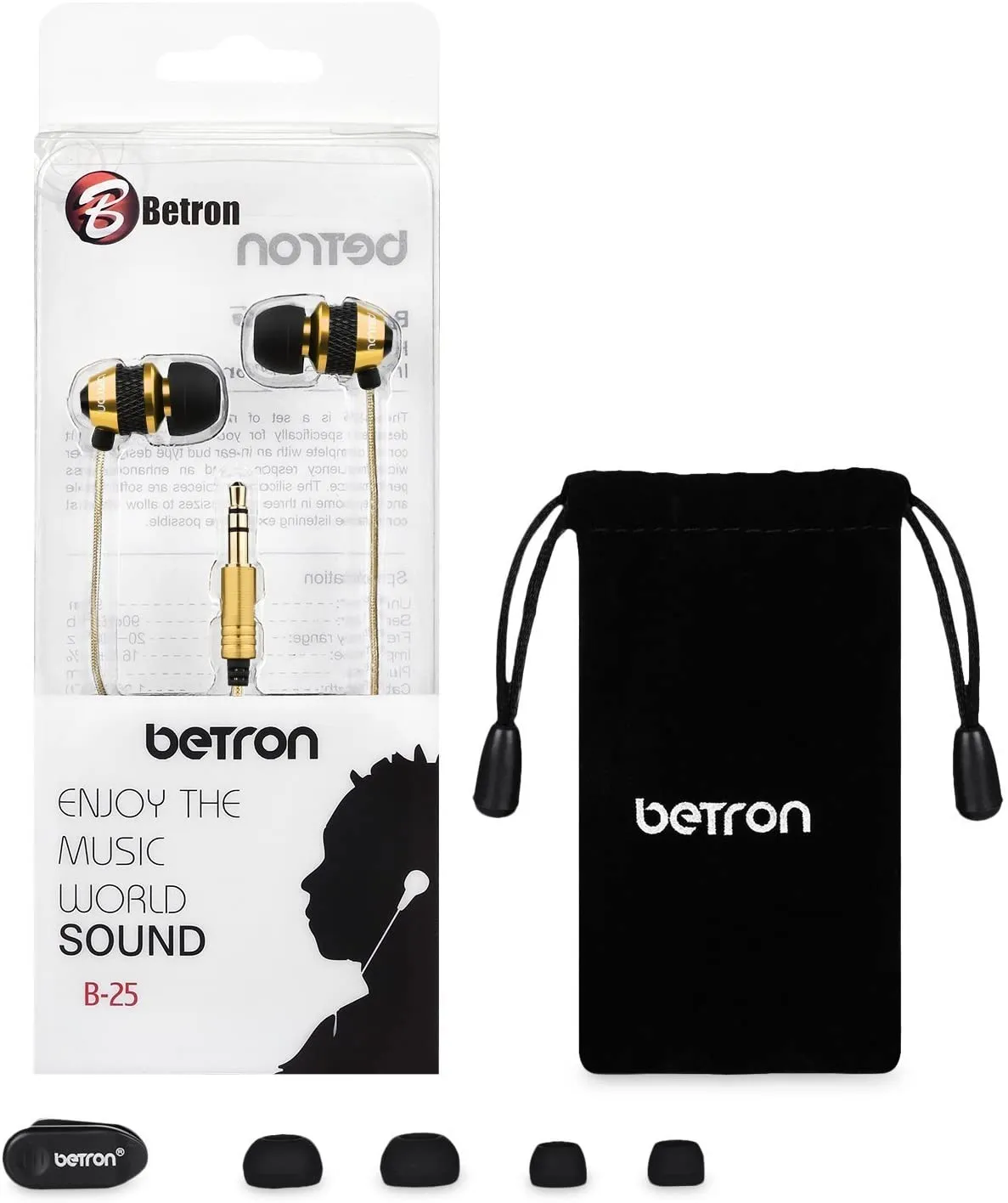 Betron B25 Earphones, Noise Isolating In-Ear Wired Headphones with Strong Bass, Tangle-Free Cord, Lightweight