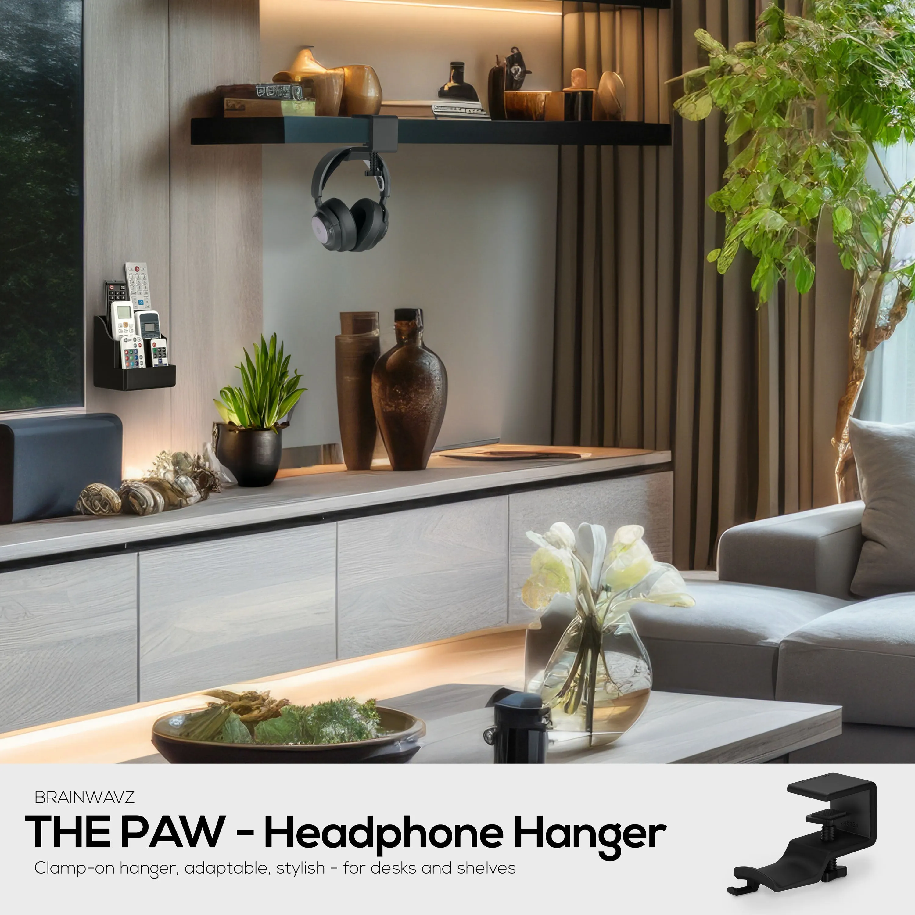 Brainwavz Paw - Under Desk Headphone Hanger Stand, Screw In Place, Easy To Install with Adjustable Mounting Clamp, Suitable for All Headsets