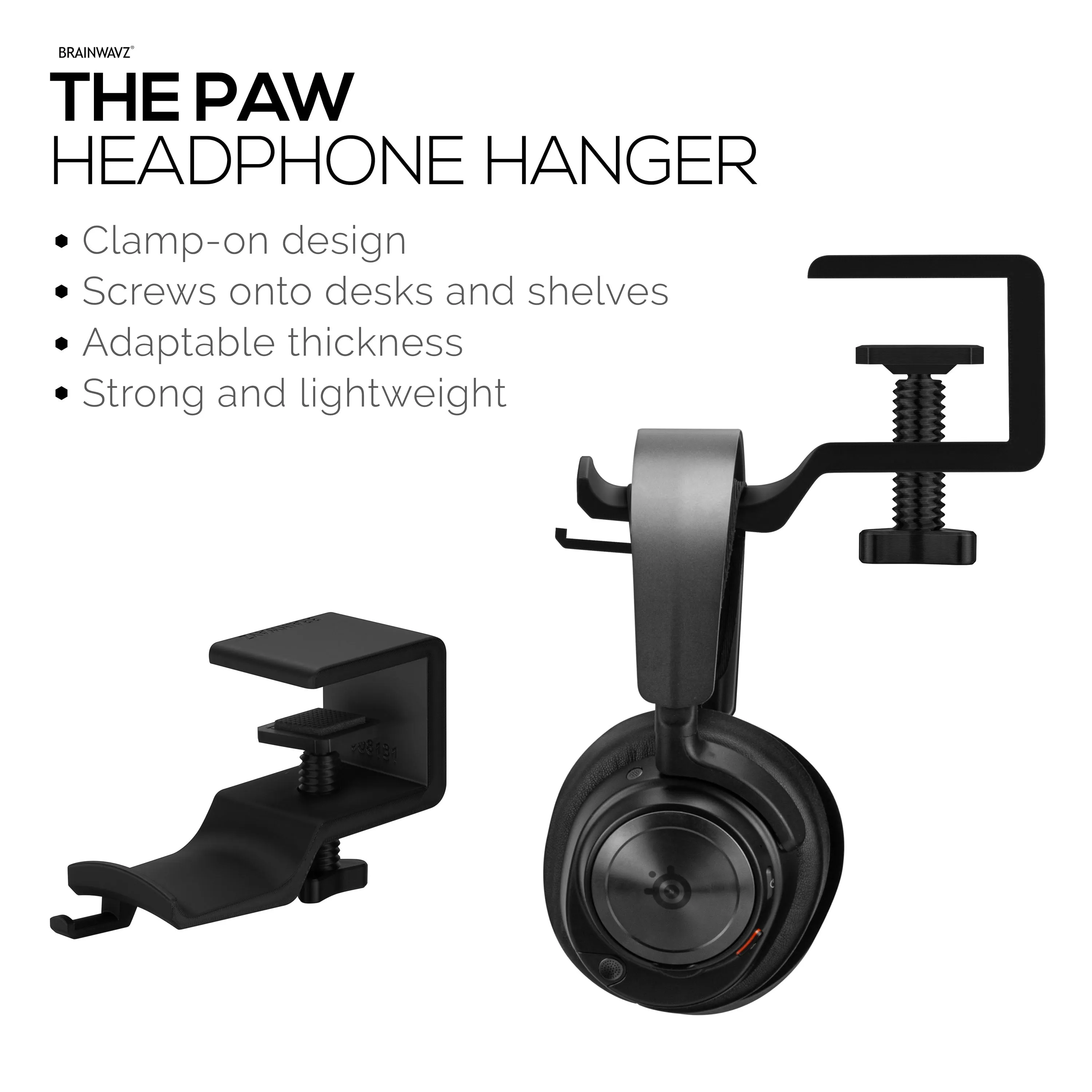 Brainwavz Paw - Under Desk Headphone Hanger Stand, Screw In Place, Easy To Install with Adjustable Mounting Clamp, Suitable for All Headsets