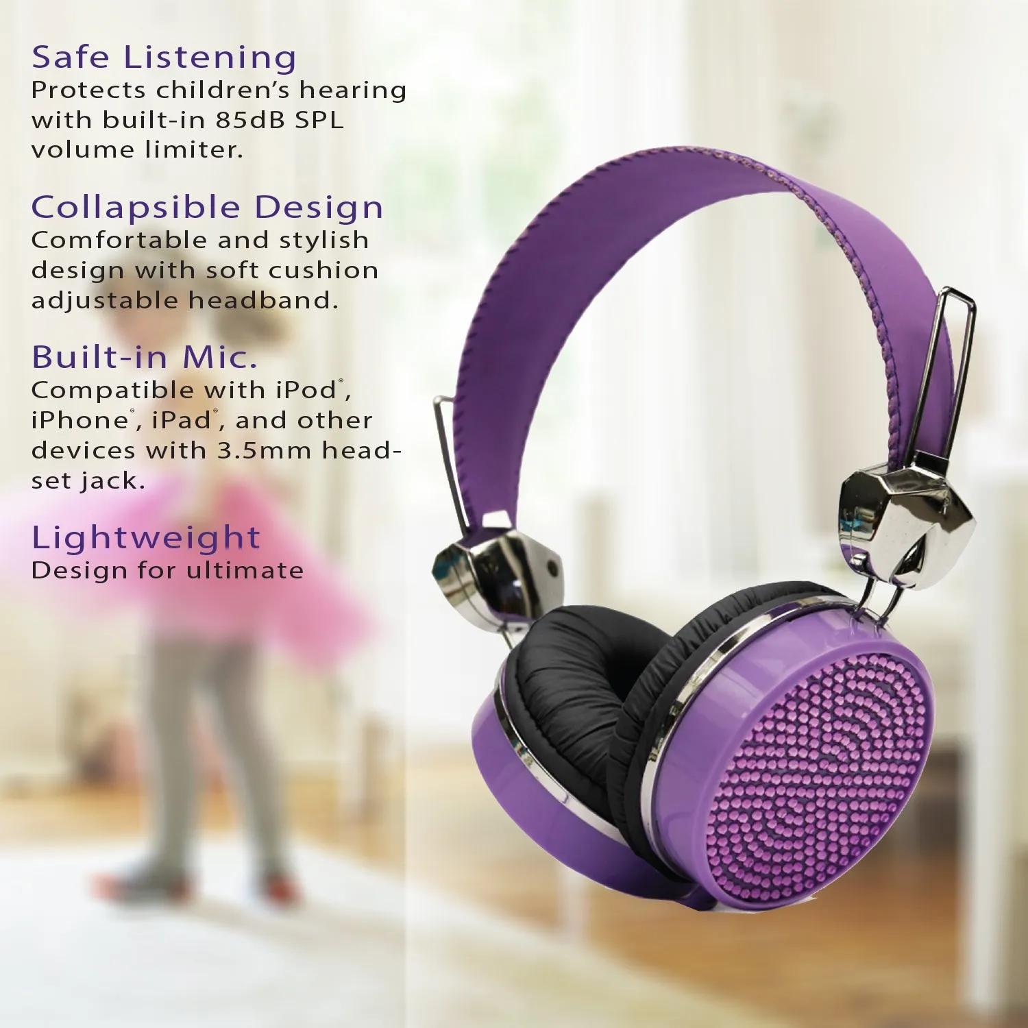 Gem Sound Purple Bling On Ear Wired Headphones