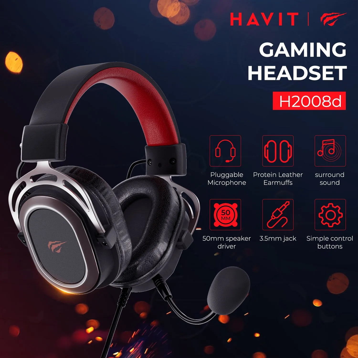 HAVIT H2008D Wired Gaming Headphones Detachable MIC 3.5mm Plug 50mm Drivers Surround Sound