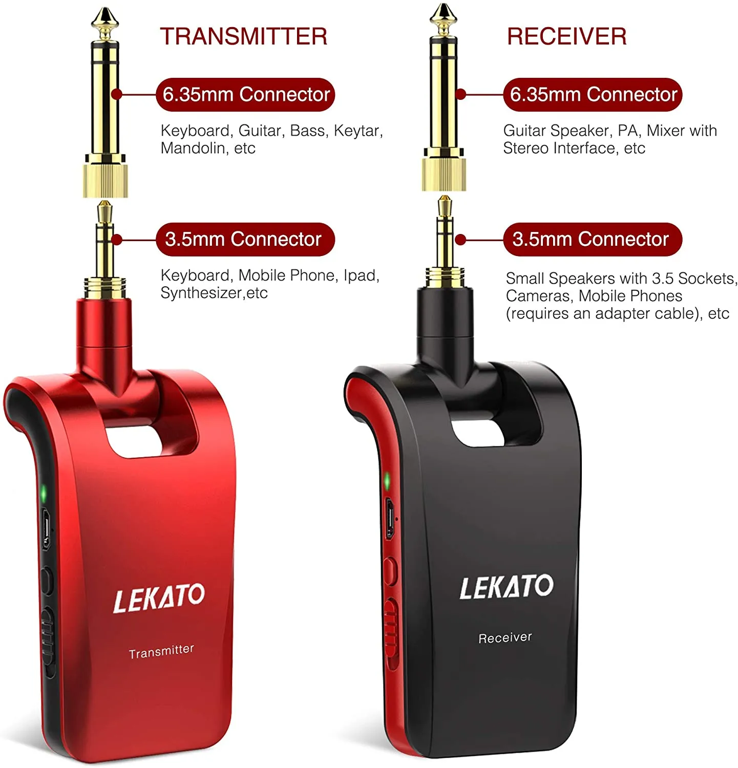 LEKATO WS-60 2.4G Wireless Guitar System Black & Red Kit Transmitter Receiver