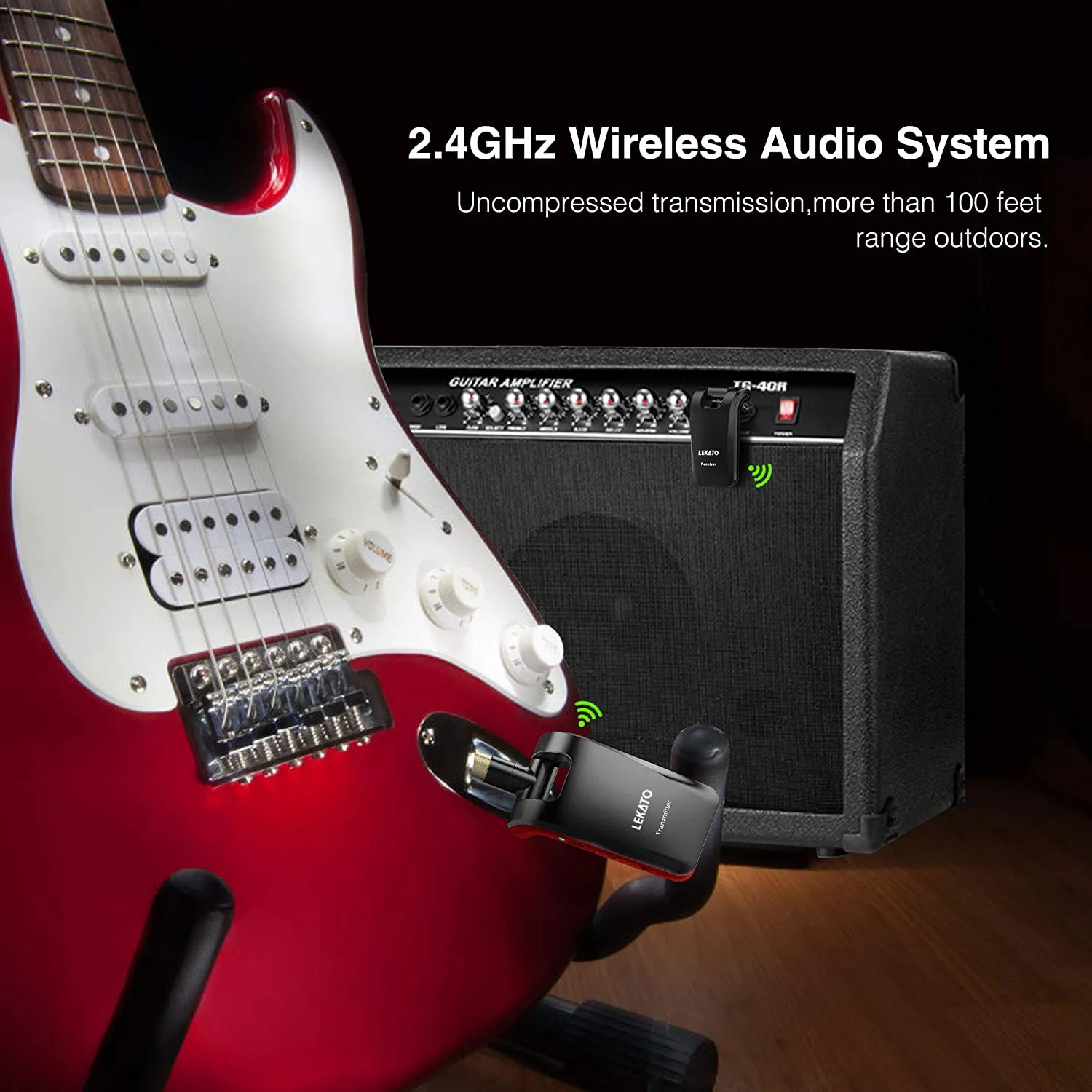 LEKATO WS-60 2.4G Wireless Guitar System Black & Red Kit Transmitter Receiver