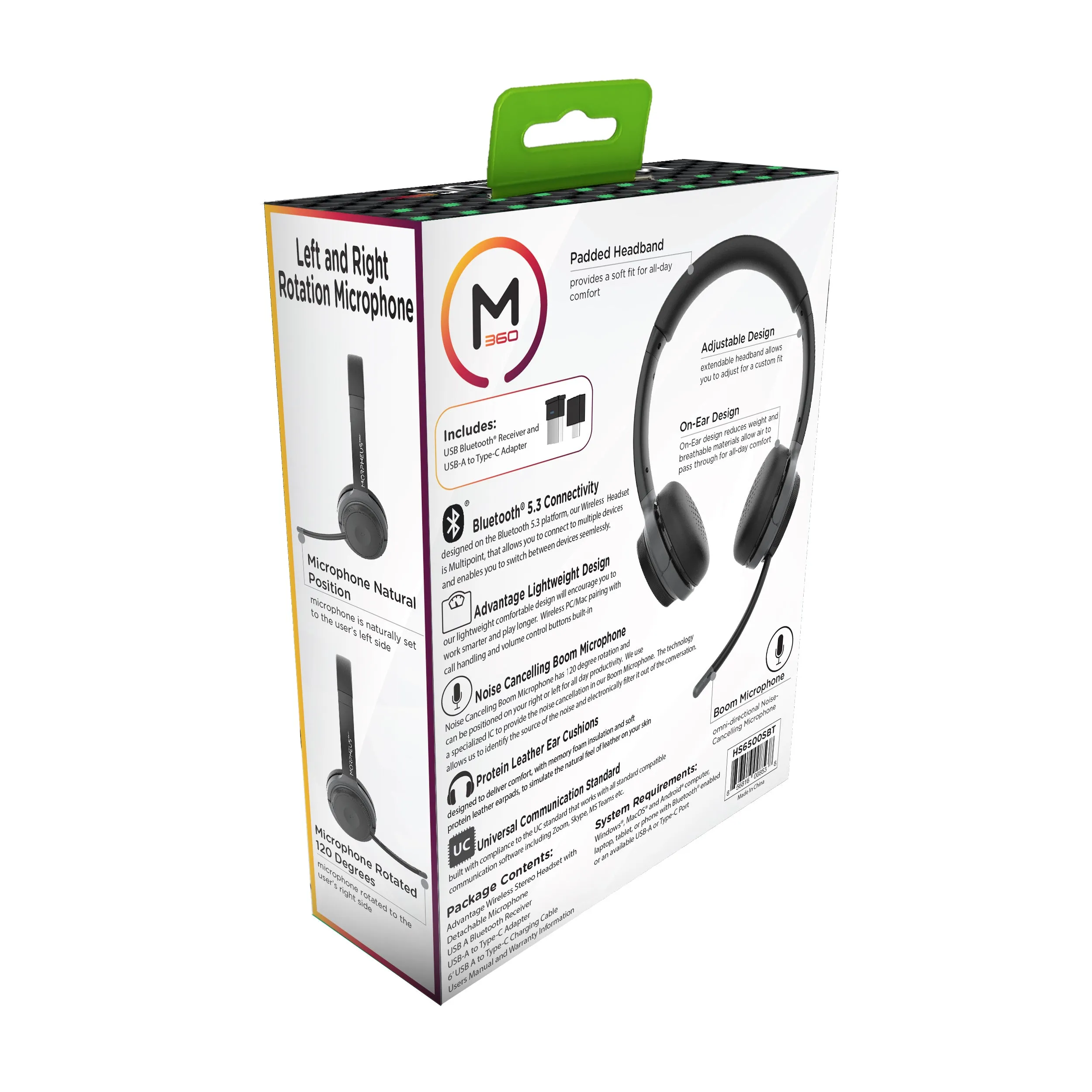 m360 Advantage Stereo Wireless Headset with Detachable Boom Microphone - Bluetooth Headphones with Wireless Receiver-Dongle - UC compatible – 30H Playtime - HS6500SBT