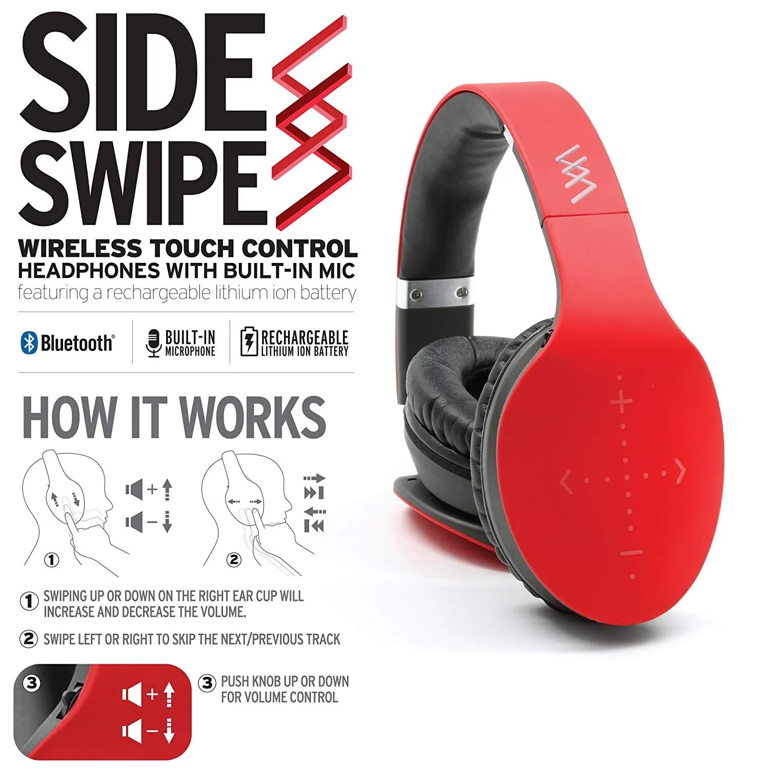 Side Swipe Touch Control Wireless Bluetooth Headphones Over Ear